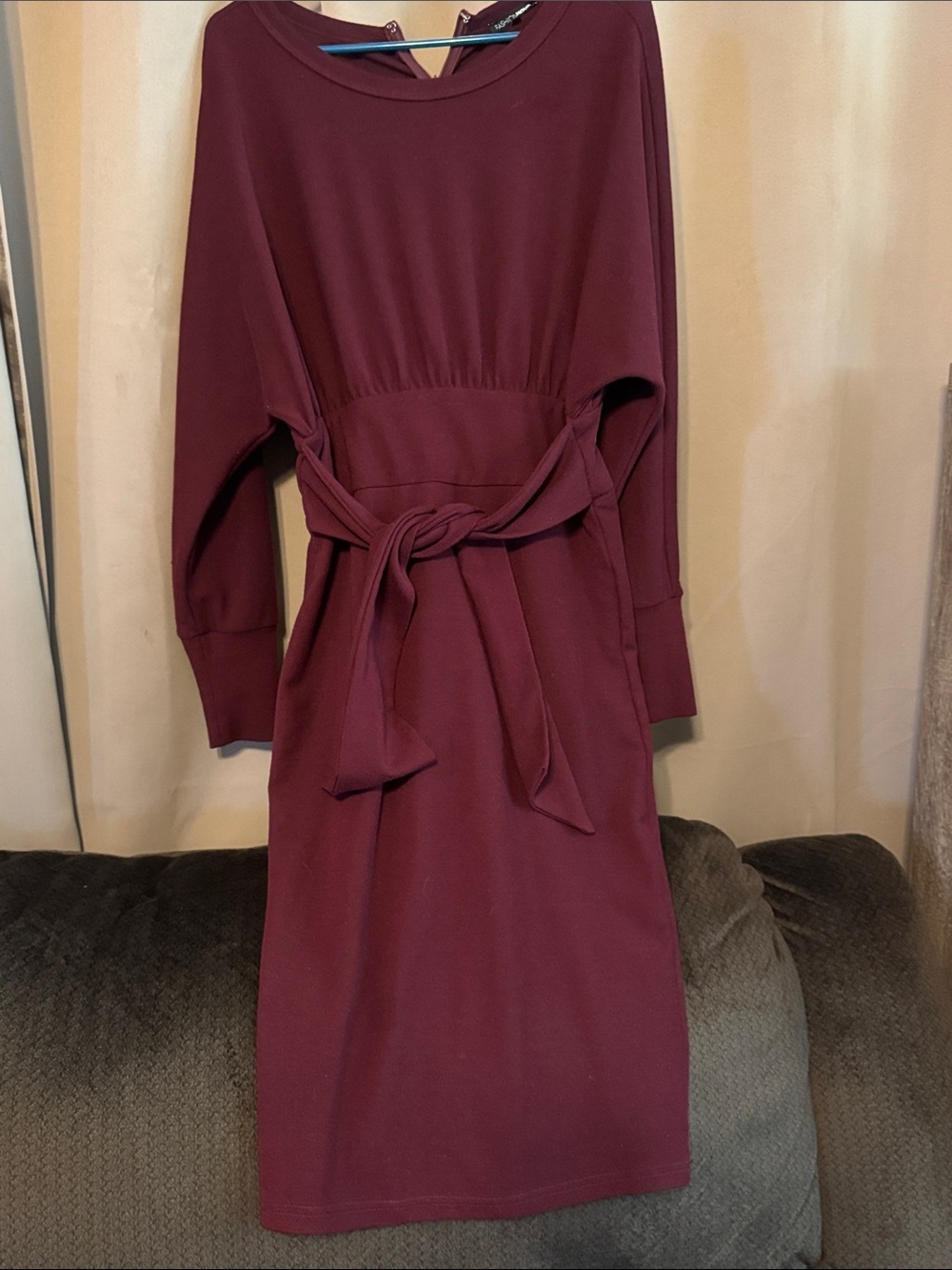 Fashion Nova Long Sleeve Tie-Waist Dress in Burgundy